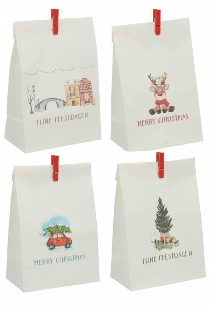 Kadozakjes Assorti Kraft Zupo Wit Kerstmis 14x7x19cm 24stuks