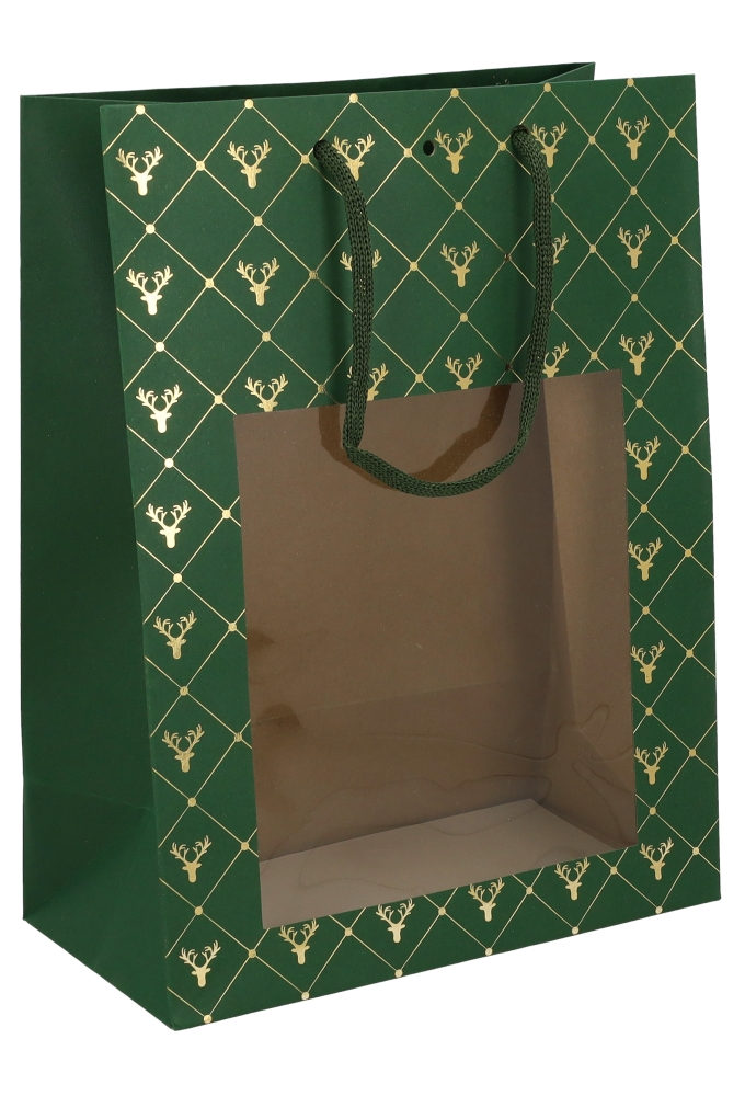 Kadotasjes Rendier Groen Met Venster Met Koord 25x13x33cm 10stuks
