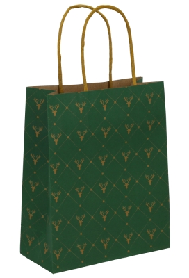 Kerst Papieren Draagtas & Handvat Xmas Rendier Green 18x8x22cm 50stuks