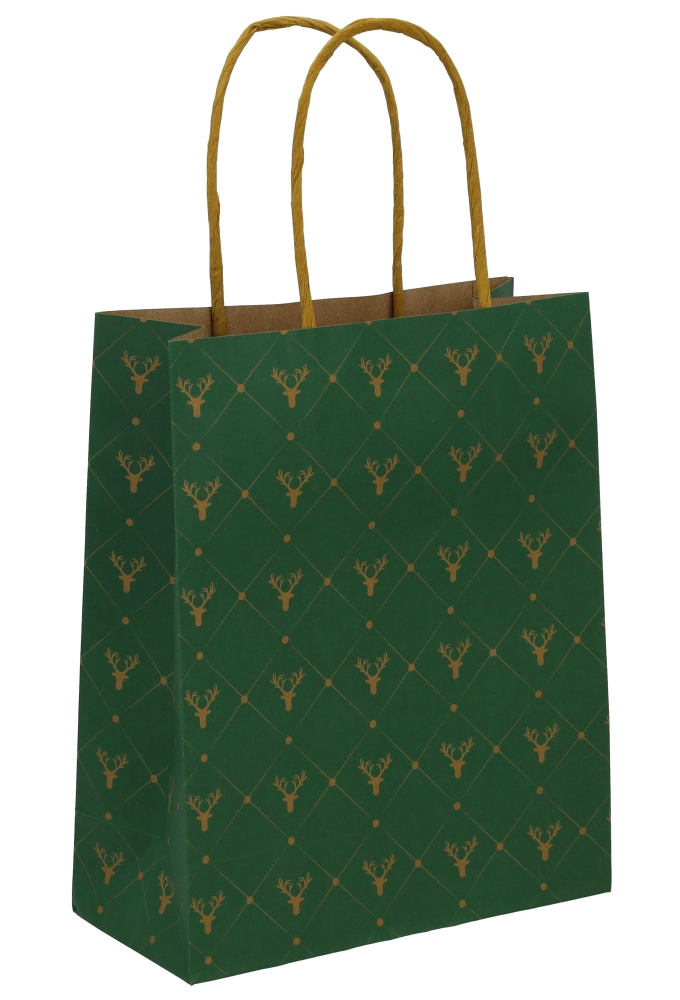 Kerst Papieren Draagtas & Handvat Xmas Rendier Green 18x8x22cm 50stuks