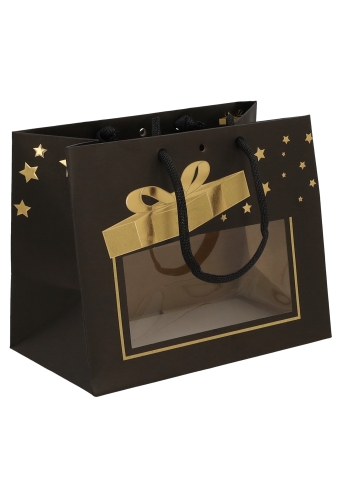 Kersttasje Venster Zwart Gold Present Stars 24x14x19.5cm 12stuks