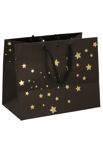 Kersttasje Venster Zwart Gold Present Stars 24x14x19.5cm 12stuks