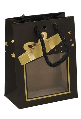 Kersttasje Venster Zwart Gold Present Stars 11.5x6.4x14.6cm 24stuks