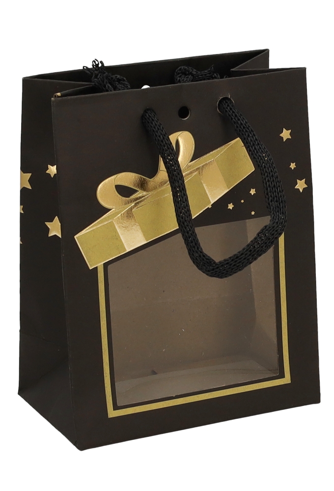Kersttasje Venster Zwart Gold Present Stars 11.5x6.4x14.6cm 24stuks