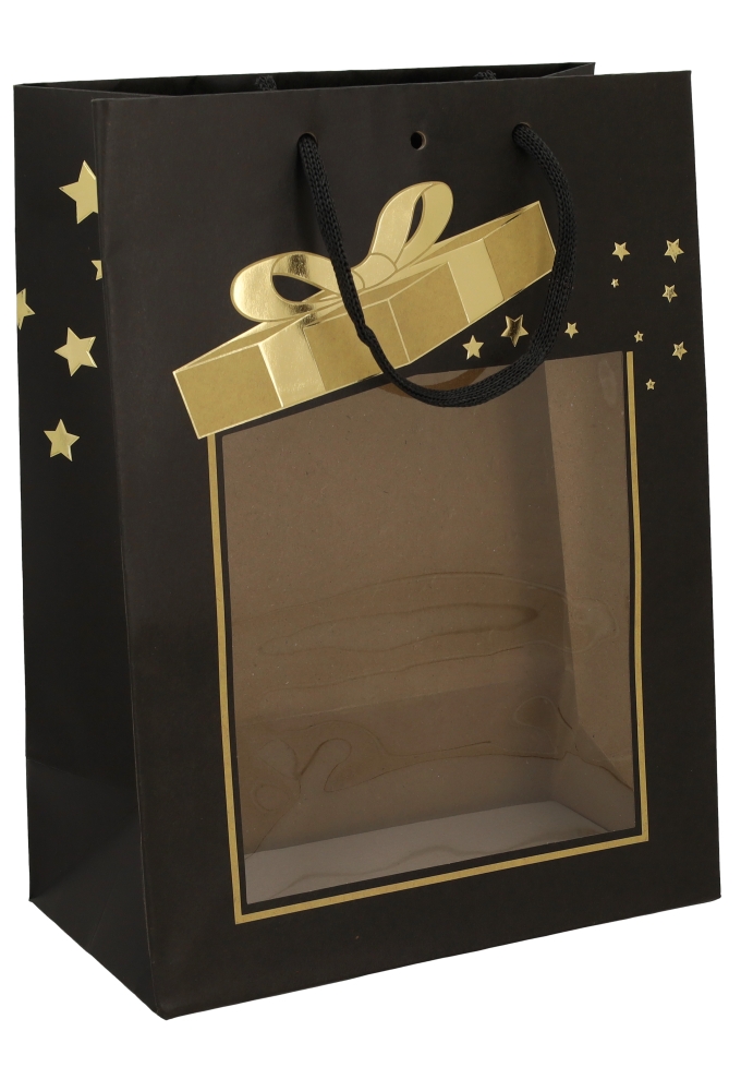Kersttasje Venster Zwart Gold Present Stars 25x13x33cm 10stuks