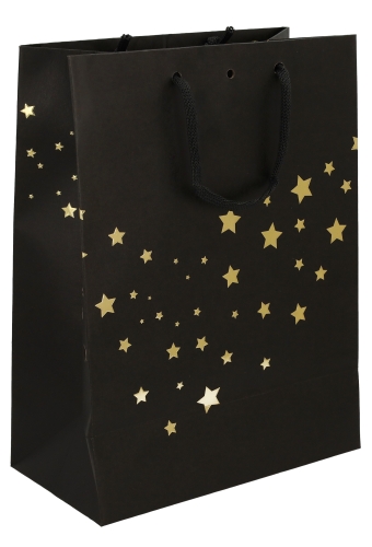 Kersttasje Venster Zwart Gold Present Stars 25x13x33cm 10stuks