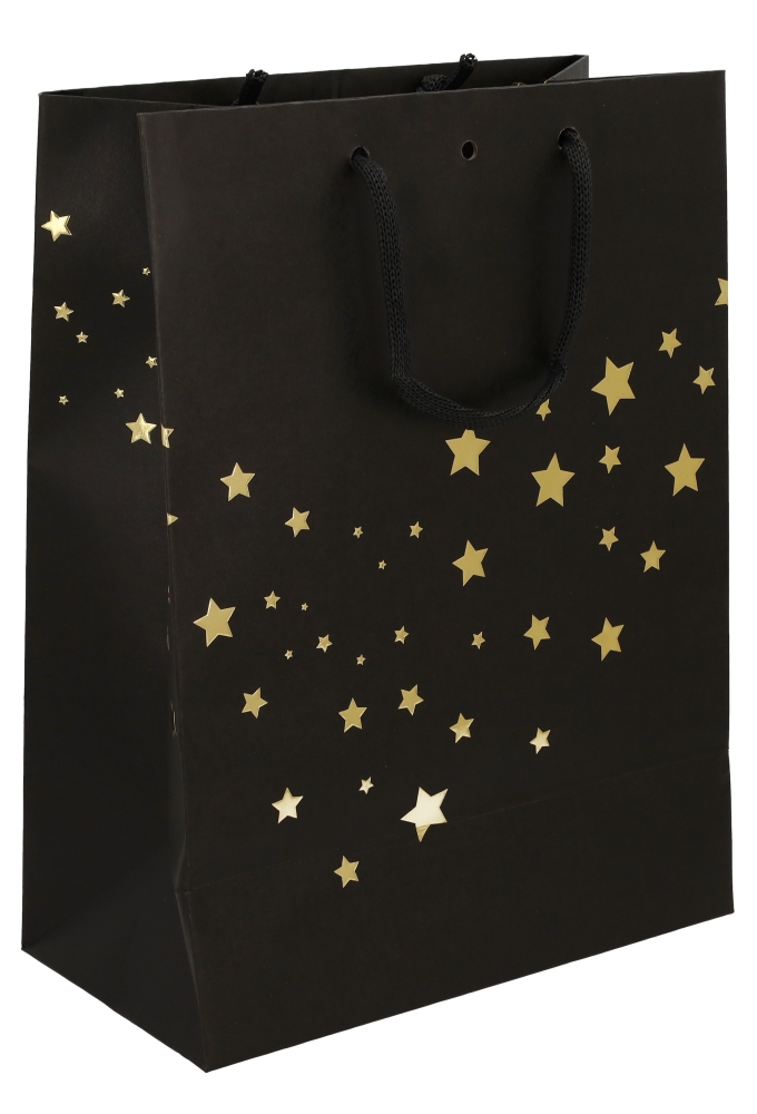 Kersttasje Venster Zwart Gold Present Stars 25x13x33cm 10stuks