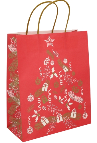 Kerst Papieren Draagtas & Handvat Xmas Tree Red 26x12x32cm 50stuks