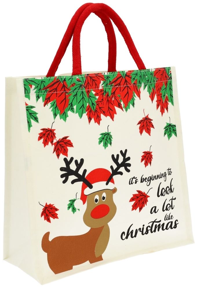 Draagtas Katoen Christmas Rendier Wit 37x37x15cm 10stuks
