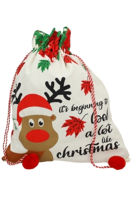Luxe Kerstzak Katoen Christmas Rendier Met Zachte Rode Pompons 38x50cm 10stuks