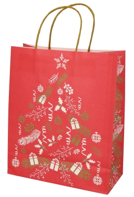 Kerst Papieren Draagtas & Handvat Xmas Tree Red 26x12x32cm 49st
