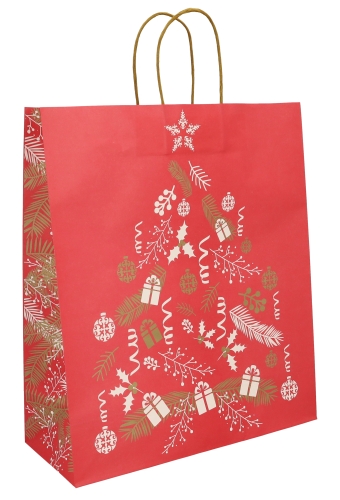 Kerst Papieren Draagtas & Handvat Xmas Tree Red 35x14x41cm 49st