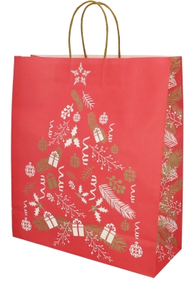 Kerst Papieren Draagtas & Handvat Xmas Tree Red 35x14x41cm 49st