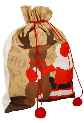 Luxe Kerstzak Kerstman en Ree Met Zachte Rode Pompons 38x50cm 10stuks