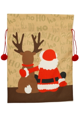 Luxe Kerstzak Kerstman en Ree Met Zachte Rode Pompons 38x50cm 10stuks