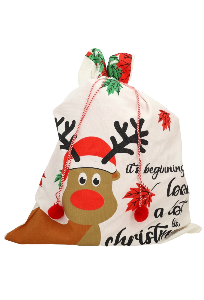 Luxe Kerstzak Katoen Christmas Rendier Wit Met Zachte Rode Pompons XL 53x73cm 10stuks