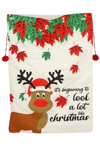 Luxe Kerstzak Katoen Christmas Rendier Wit Met Zachte Rode Pompons XL 53x73cm 10stuks