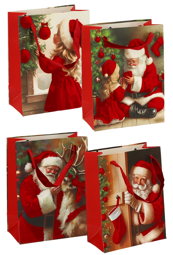 Luxe Kersttas Kerstman 4 designs Rood Fluweel Lint 11x6.5x16cm 12stuks