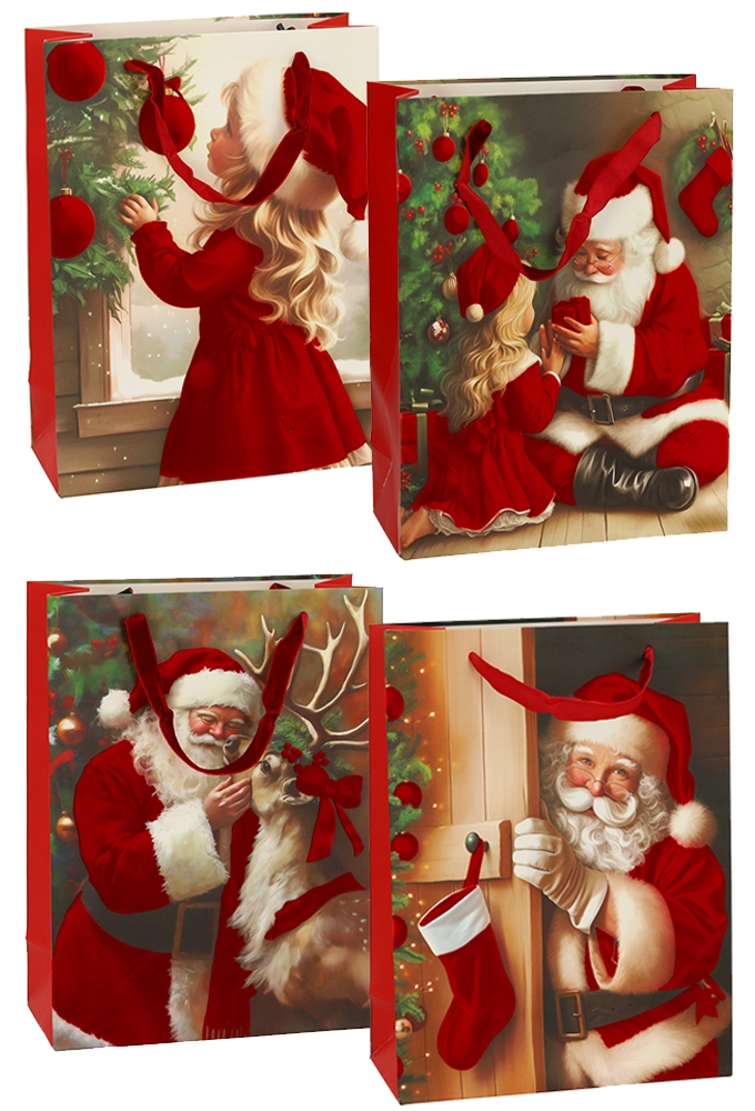Luxe Kersttas Kerstman 4 designs Rood Fluweel Lint 18x8x24cm 12stuks