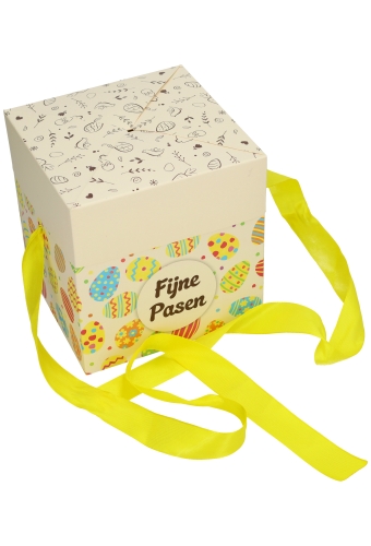 Geschenkdoos Regalo Fijne Pasen & Geel Lint 15x15x15cm 25stuks