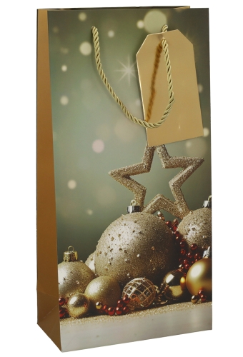 Kerst Wijntasjes 2 Flessen Golden Star And Balls 18x9x36cm 10stuks