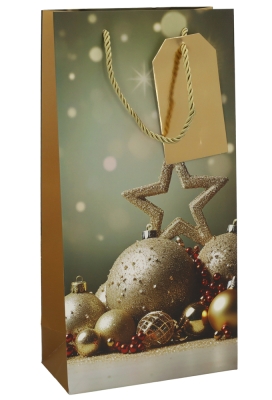 Kerst Wijntasjes 2 Flessen Golden Star And Balls 18x9x36cm 10stuks