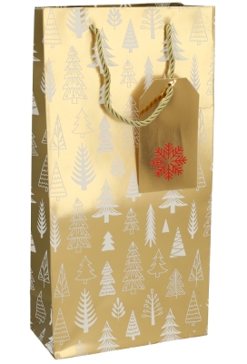 Kerst Wijntasjes 2 Flessen Gold White Tree 18x9x36cm 10stuks