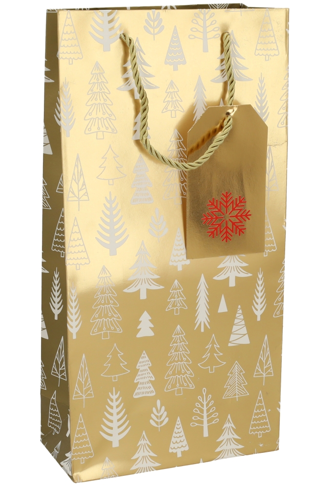 Kerst Wijntasjes 2 Flessen Gold White Tree 18x9x36cm 10stuks