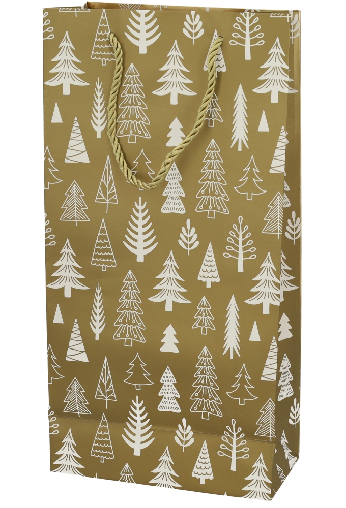 Kerst Wijntasjes 2 Flessen Gold White Tree 18x9x36cm 10stuks