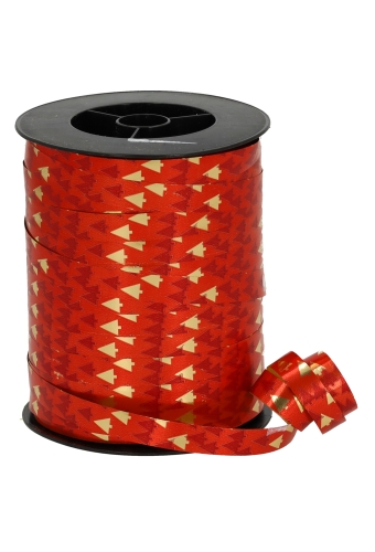 Kerst Krullint Mat Rood Tree Goud Metallic 10mm x 250meter