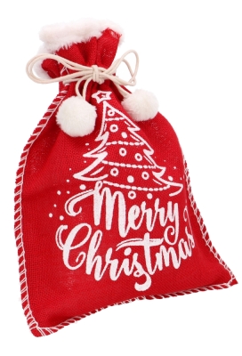 Luxe Kerstzak Jute Merry christmas Met Witte Stoffen Rand 31x42cm 10stuks