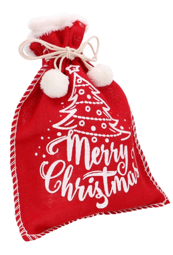 Luxe Kerstzak Jute Merry christmas Met Witte Stoffen Rand 31x42cm 10stuks