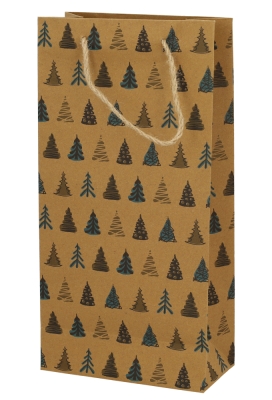 Kerst Wijntasjes 2 Flessen Kraft Merry Christmas Tree 18x9x36cm 10stuks