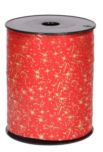 Kerst Krullint Rood Mat Met Gouden Sterren Regen 10mm x 250 meter
