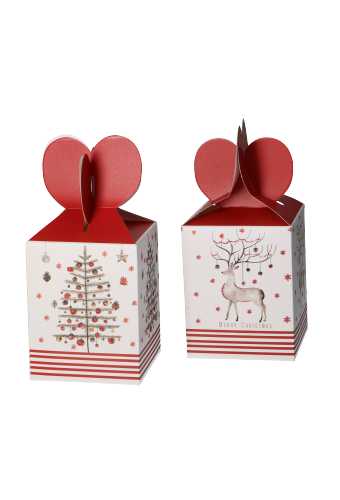 Geschenkdoosje Xmas Tree En Rendier Rood 10x10x12.5cm 12stuks