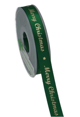 Kadolint Satijn Lint Merry Christmas Groen & Goud 15mm x 25 meter