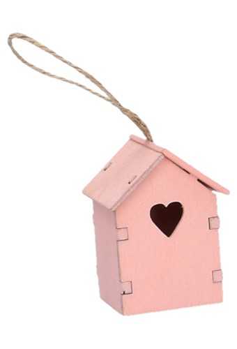 Decoratie Houten Huisje Roze & Koord 4.5x4.5x7cm 1stuks