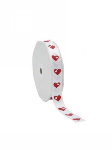 Luxe Satijn Lint White and Red Hearts 15mm x25meter