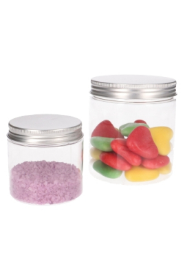 Plastic Potje Met Zilveren Schroefdeksel 9.5x10cm inhoud 515ml 6stuks Plastic Potje Met Zilveren Schroefdeksel 9.5x10cm inhoud 515ml 6stuks