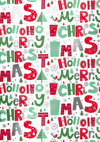 Kerstpapier Metallc iHoho Merry Xmas Rood & Wit & Groen 30 cm x 100m