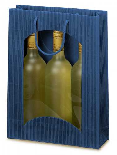 Wijntasje Met Venster 3 fles Geribbeld Blauw 25x8.5x36cm 20stuks