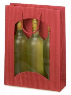 Wijntasje Met Venster 3 fles Geribbeld Rood 25x8.5x36cm 20stuks