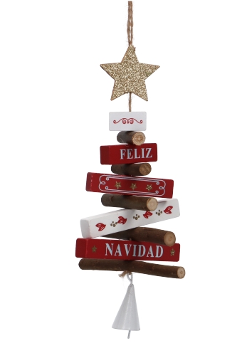 Decoratie Hanger Houten Merry Christmas Tree and Bells 12x22cm 1st