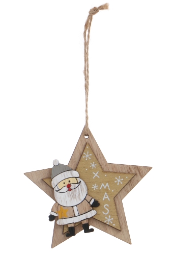 Decoratie Hanger Houten Star and Santa Xmas Gold & Koord 9.5cm 1 stuks