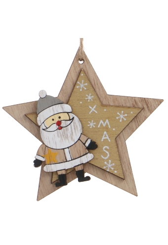 Decoratie Hanger Houten Star and Santa Xmas Gold & Koord 9.5cm 1 stuks