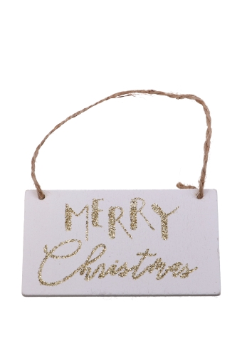 Decoratie Hanger Houten Merry Christmas Wit & Koord 7.9x4.3cm 2 stuks