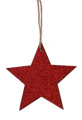 Decoratie Hanger Houten Sterren Rood Glitter & Koord 8.5cm 6stuks