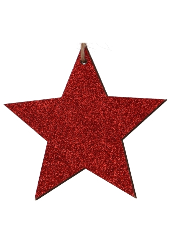 Decoratie Hanger Houten Sterren Rood Glitter & Koord 8.5cm 6stuks