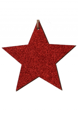 Decoratie Hanger Houten Sterren Rood Glitter & Koord 8.5cm 6stuks