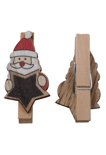 Houten Decoratie Kerstman & Ster Met Knijper 2x4.5cm 6stuks